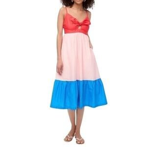 J.Crew Colorblock Cotton Sundress Red Pink Blue Tie Front Straps Size 12P pocket